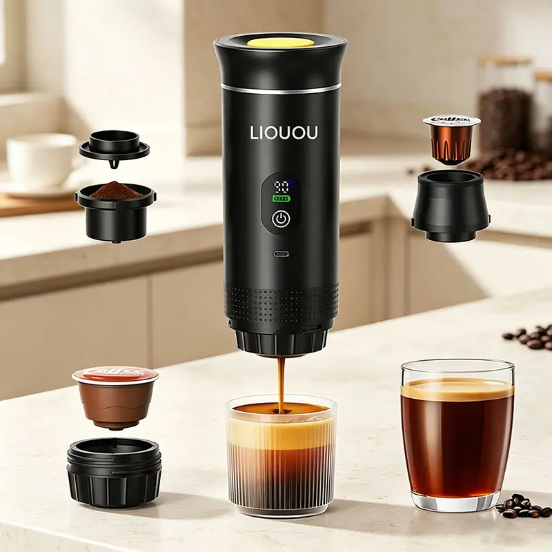 LIOUOU Portable Coffee Maker | Self-Heating Espresso Machine | Compatible with Coffee Pods & Ground Coffee | USB-C Rechargeable for Travel, Car, Office & Home