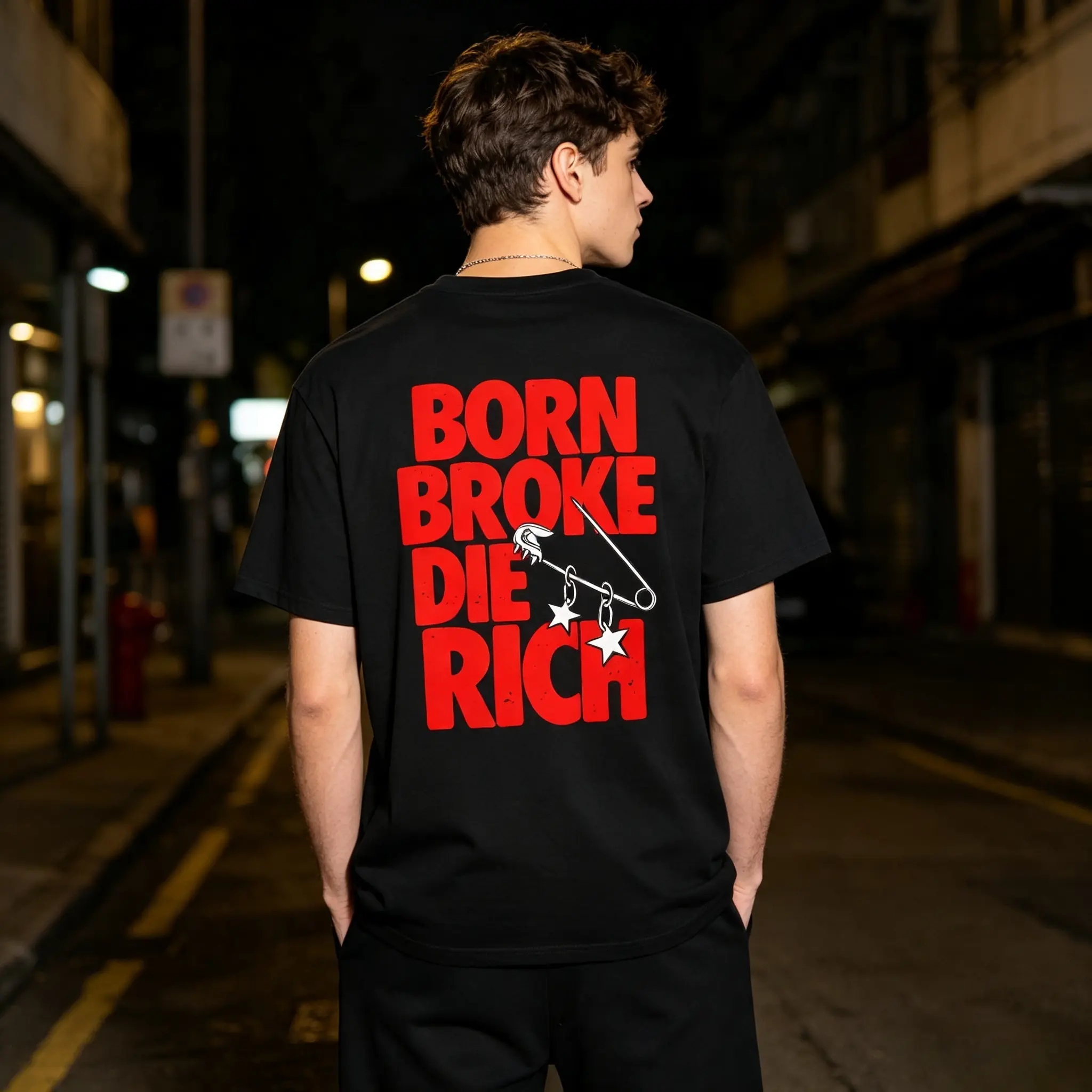 Born Broke Die Rich back only print T-Shirt - Bold Red Text on Black White Crew Neck Short Sleeve Top for Men Women,bundle