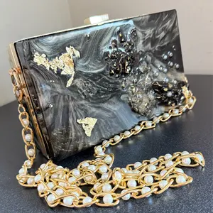 Luxury Evening Clutch Purse with Pearl Chain Black Marble Resin Design 8x5x2 inches Elegant Fashion Accessory