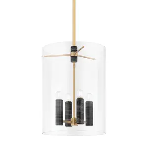 Large Adonis Lantern - Elegant Cylindrical Glass Shade with Honed Nero Madera Marble & Vintage Brass