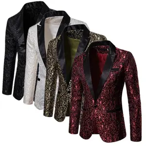FashionMenBusinessSocialJacquardSuitJacketSingleBreastedTopBlack/White/GoldMen'sWeddingPartyDressBlazersCoat