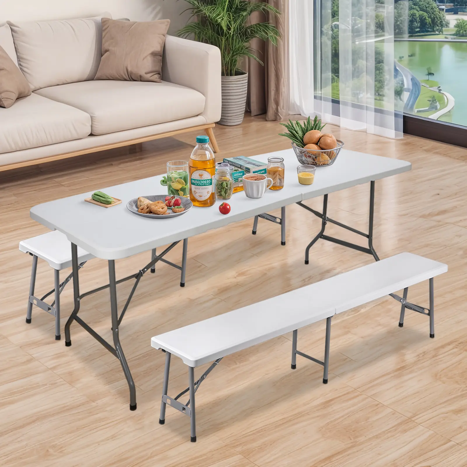 Segawe 6ft Pre-Assembled HDPE Plastic Portable Folding Table Set with 2 6ft Lightweight Outdoor Benches, Lightweight & Multifunctional Options for Camping, Picnic, Lightweight Portable Tables,summerwins,father'sdaygifts,campingessentials,campinggear
