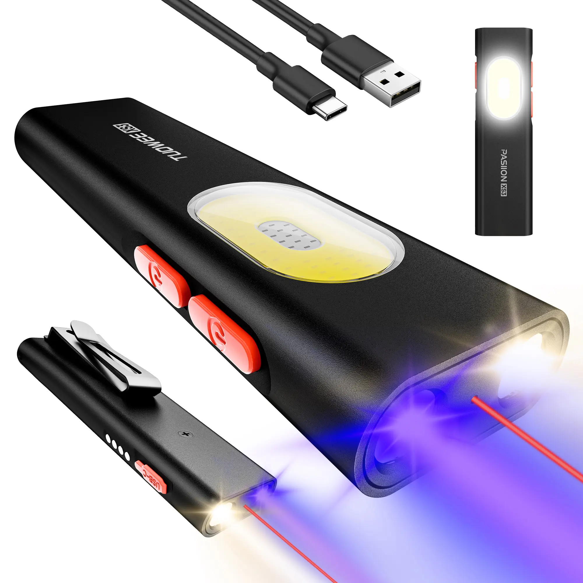 TUOWEE XS3 Super Bright EDC Light, Flat 1400 Lumen Aluminum Body, Portable and USB-C Rechargeable with Magnetic Base, 10 Modes including UV/Red, Super Bright Flashlight, High Lumen Flashlight, Multifunctional Flashlight