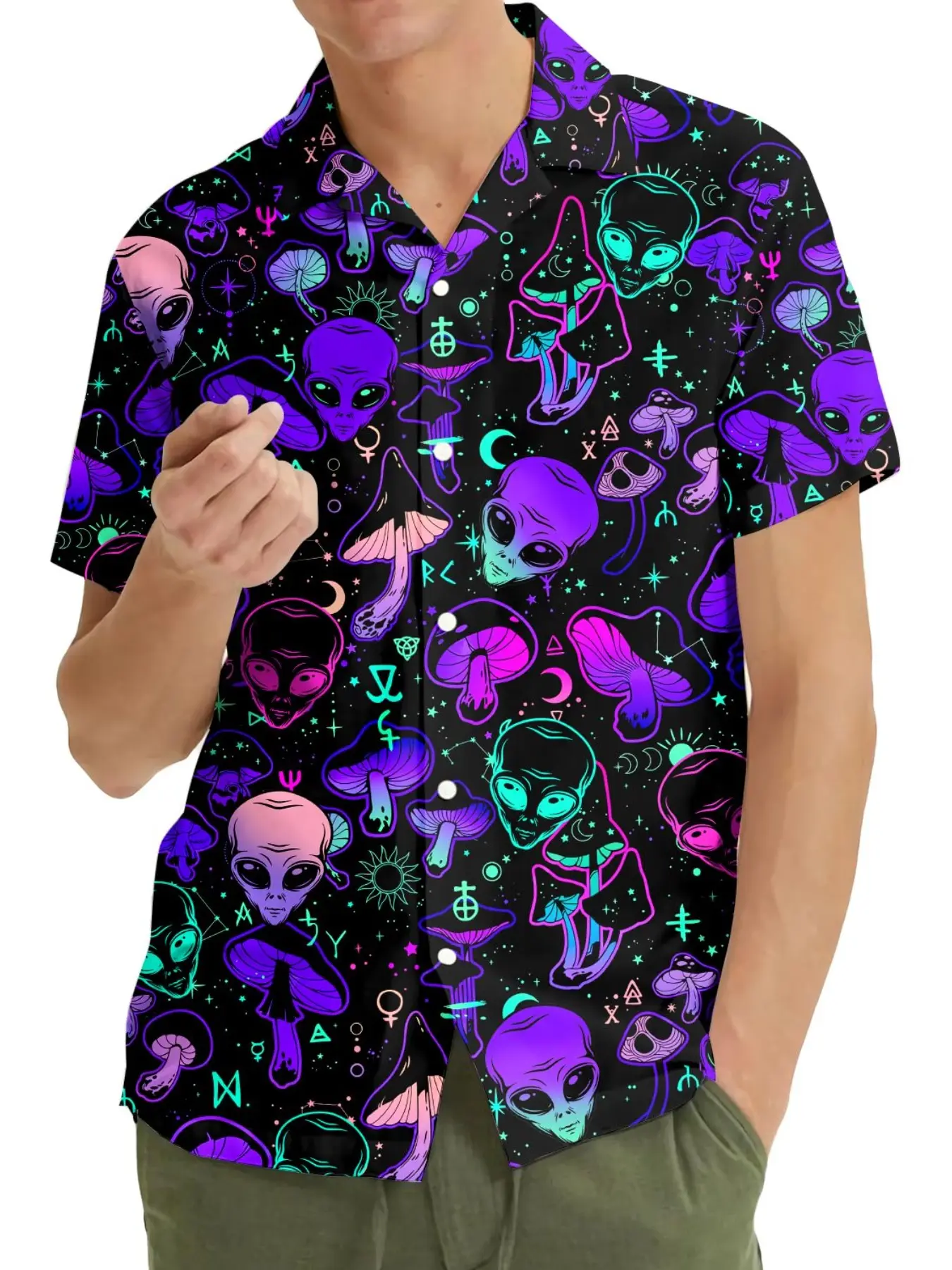 Alien Bigfoot Print Cuban Collar Blouse, Hawaiian Beach Tropical Casual Button Collared Button Front Short Sleeve Shirt, Unisex Surf Top for Summer Vacation