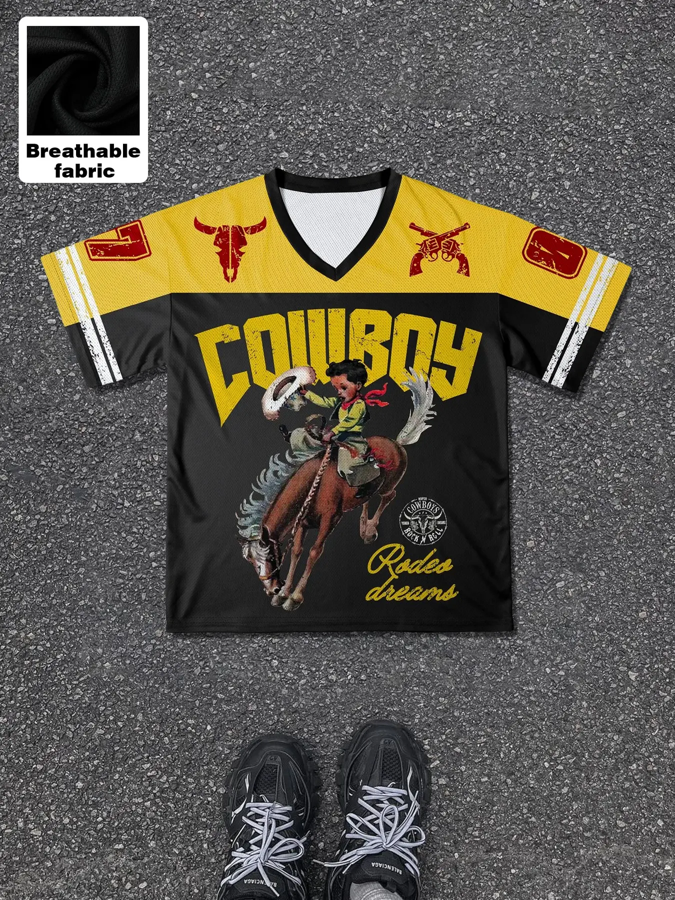 1pc Unisex Oversized Sporty Jersey Y2K Aesthetic Cowboy & Horse Graphic Tee Breathable Mesh Fashion Outfit Top for Summer Streetwear