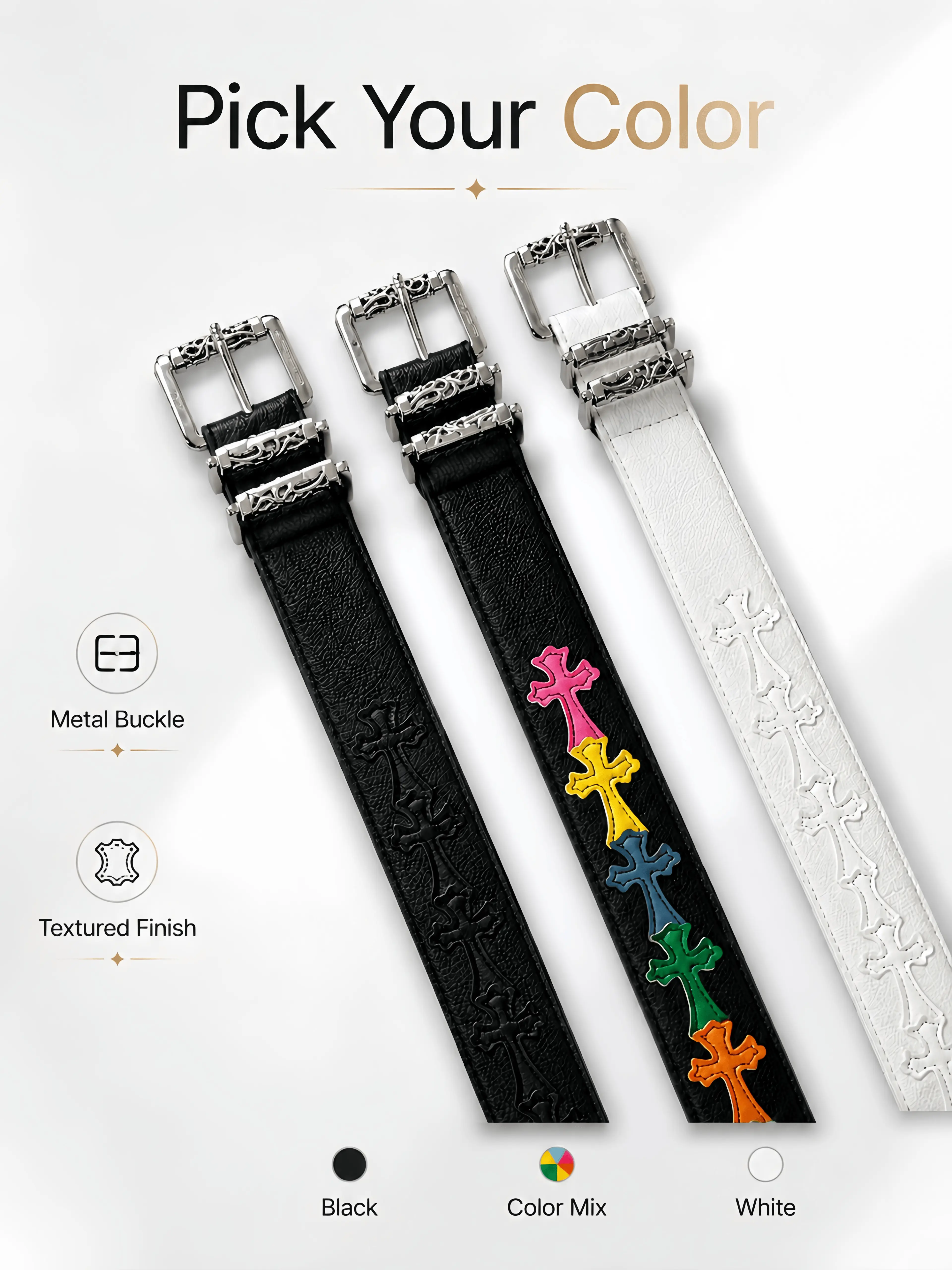Unisex Pebbled Roller Belt - Casual Trendy Waistband for Male, Female, Anyone Who Likes Expressive Accessories, with Colorful Cross Design, Detailed Metal Buckle for Streetwear Outfits, Belts, Men's Accessories, Cross Accent, 110Cm, Casual Wear, Textured,