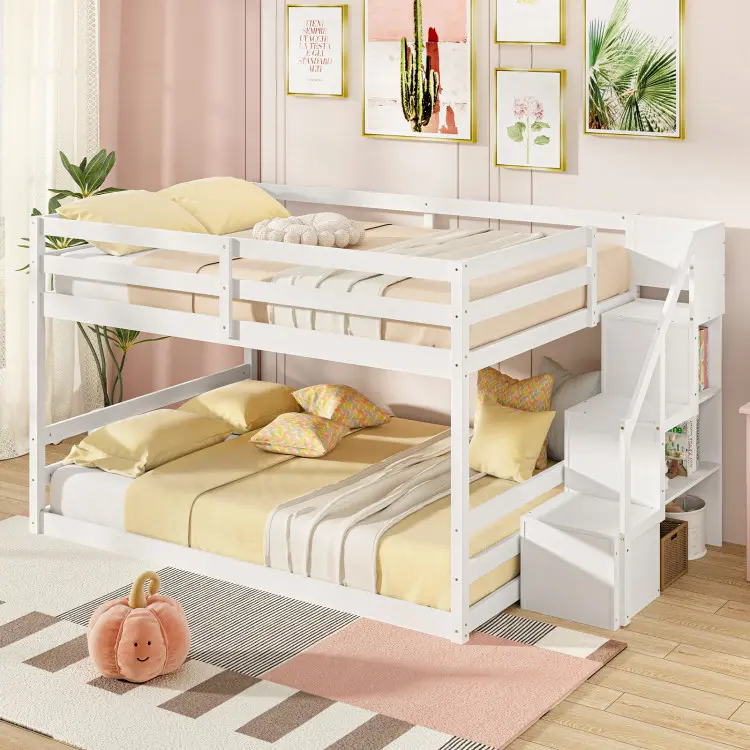COSTWAY Bunk Bed with Stairs, Solid Wood Floor Bunk Bed with Storage Staircase & Full-Length Guardrails, Low Bunk Bed with for Kids, Teens, Adults, Dorm, Small Space
