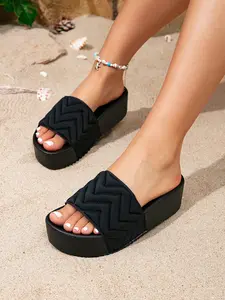Women's Black Chevron Open Toe Slides - Higher Platform Wedge Sandals with Embossed Zigzag Thick Sole, Cushioned Footbed, Non-Slip Outsole, Summer Beach Walking Shoes
