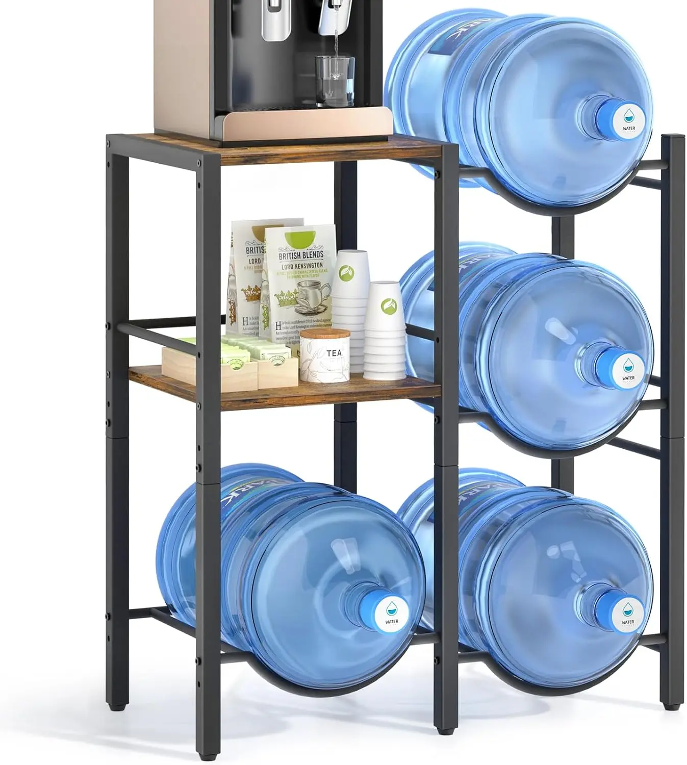 Rustic Brown Wooden 5 Gal Water Jug Holder with Storage Shelves & Water Dispenser Stand, Bottle Holder Racks & Displays for Home/Office Organizer