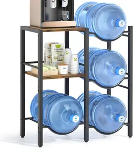 5 Gallon Water Jug Holder, Water Jug Stand with Wood Storage Shelves, 5 Gal Water Bottle Holder Storage Rack with Water Dispenser Stand for Home/Office/Garage Organizer (Rustic Brown Wood)