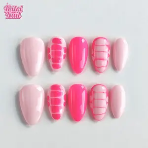 Pink Light Handmade Press-On Nails | Short Almond Shape, 10pcs | Edgy Y2K Pink & White Grid Design | Color Block Checkerboard Pattern | Reusable DIY Nail Kit for Women | Trendy Nails for Spring, Summer, Travel & Daily Wear | Cute Edgy Dopamine Y2K Look