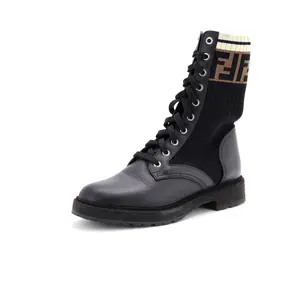 Pre-owned Fendi Women's Rockoko Combat Boots Leather with Knit Stretch Fabric and Zucca Trim by Rebag