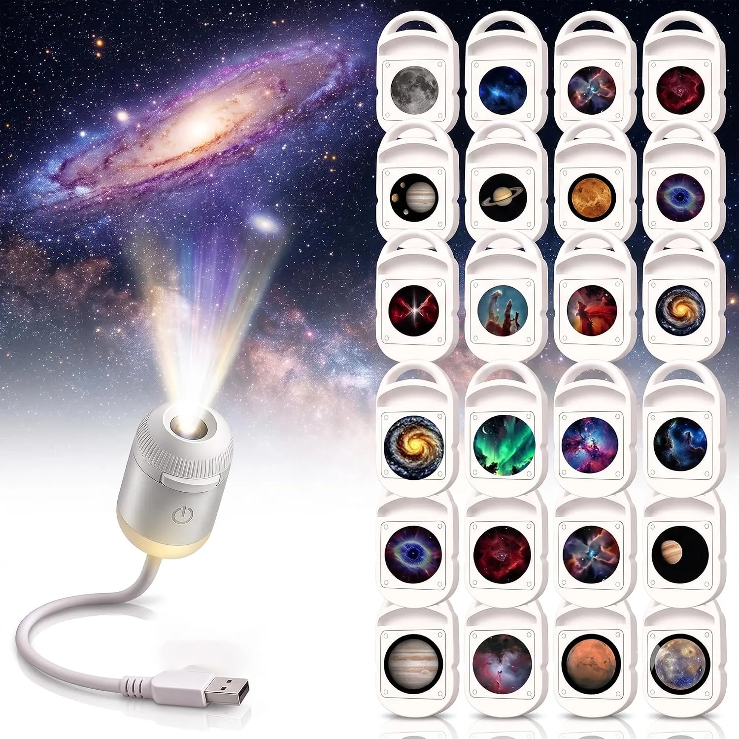 2-in-1 Galaxy Projector Night Light,USB Star Projector with Adjustable Brightness, Mini LED Projection Lamp for Bedroom Ceiling Wall Room Decor (24 Projection Films)