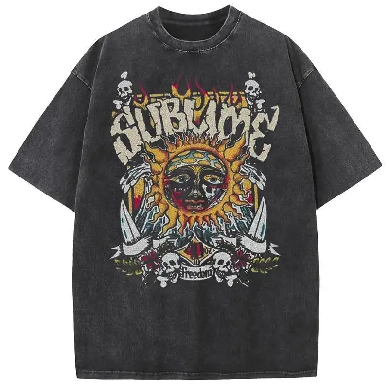 Unisex T-shirt Sublime Sun Graphic Oversized T-Shirt Unisex, Vintage Washed Distressed Crew Neck Tee, Retro 90s Rock Streetwear Casual Top, Reggae Band Aesthetic Fashion for Men Women, Outdoor Daily Wear