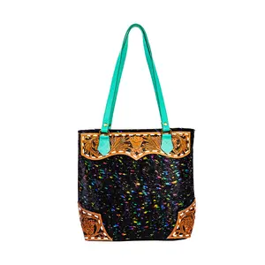 Myra Galaxy Fire Handtooled Shoulder Bag â€“ Black Sparkle Body with Aqua Leather Straps