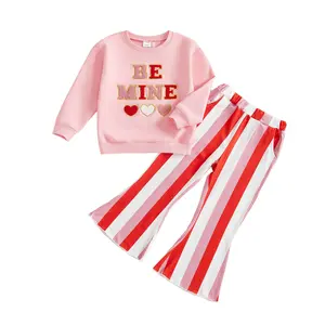 Canrulo Toddler Baby Girl Valentines Day Outfits Be Mine Long Sleeve Sweatshirt Top Heart Bell Pants Spring Clothes
