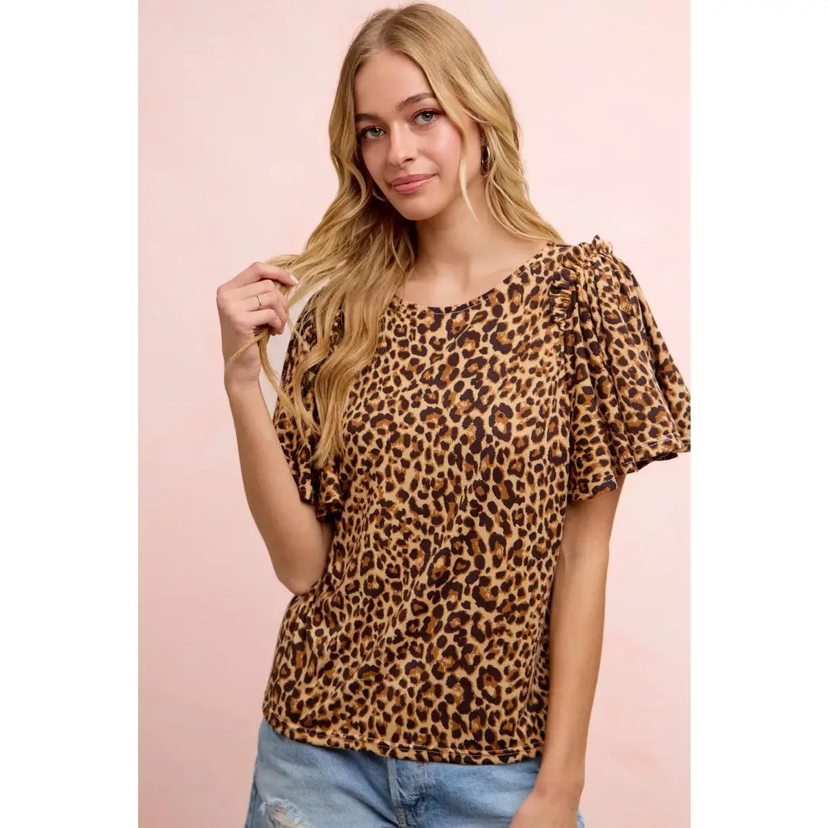 BiBi Leopard Printed Spandex Jersey Ruffle Sleeve Top