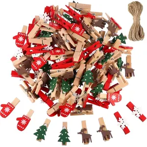 New Year's Atmosphere Wooden Photo Frame with 10m Jute Rope, 100/20-Piece Mini Wooden New Year Hanging Decorations (Christmas Tree, Snowflake, Reindeer, Mittens)