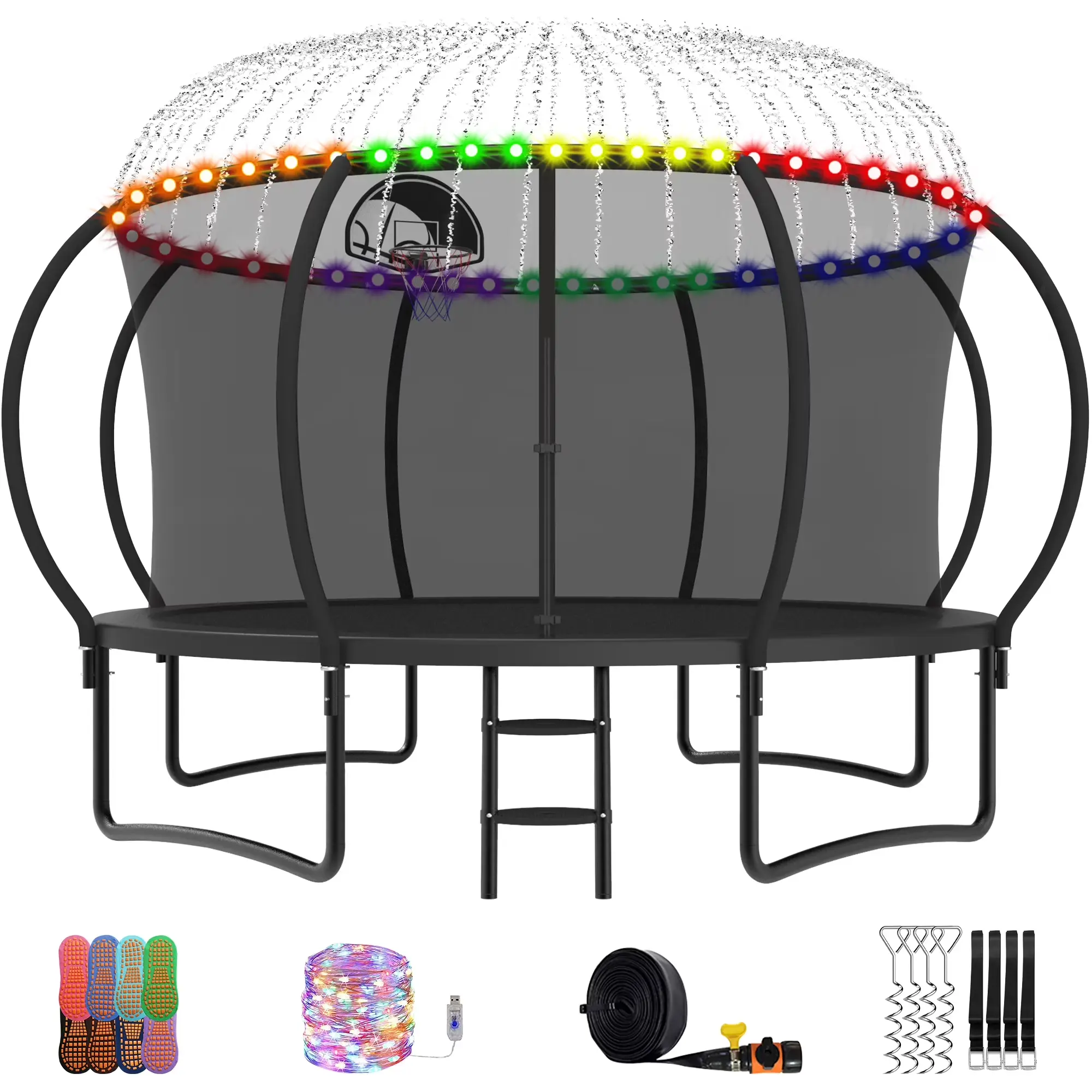 YORIN Trampoline, 14 FT Trampoline for 7-8 Kids Adults with Enclosure Net, Basketball Hoop, Ladder, 1400LBS Outdoor round Recreational Trampoline, Heavy Duty Trampoline with Light, Sprinkler, Socks