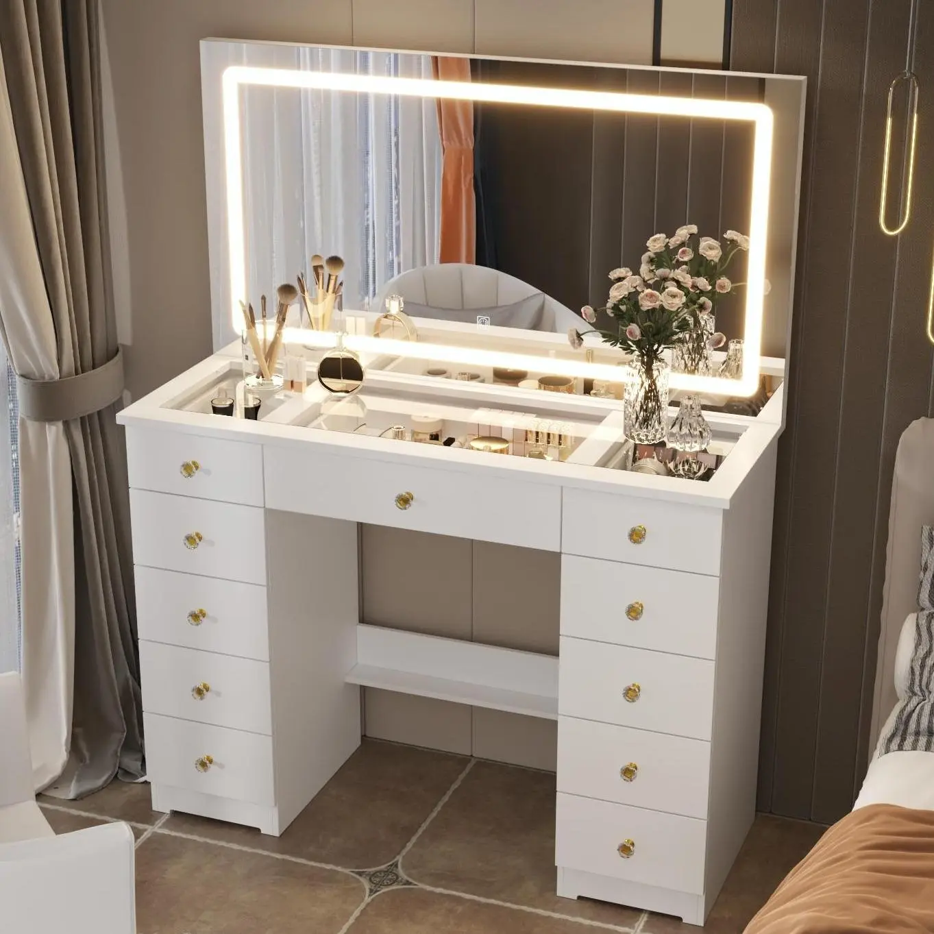 FUFU&GAGA Crystal Handle Makeup Vanity - Glass Tabletop, 11 Drawers, Large Lighted Mirror, Touch Control 3 Color Modes, Adjustable Brightness LED Strip, Accent Light, Ambient Lighting, Adjustable Multi-Color, Requires Assembly, Accent Light Makeup Vanitie