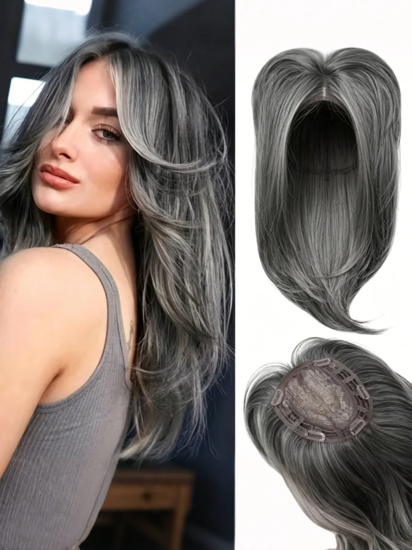 Natural Looking Synthetic Bangs Topper, Premium Synthetic Hair, Salt And Pepper Grey Hair Piece 6x6 Inch Base 180 Percent Density Realistic Texture Lightweight Breathable Design For Adding Volume And Coverage Easy Clip In Application For Daily Wear