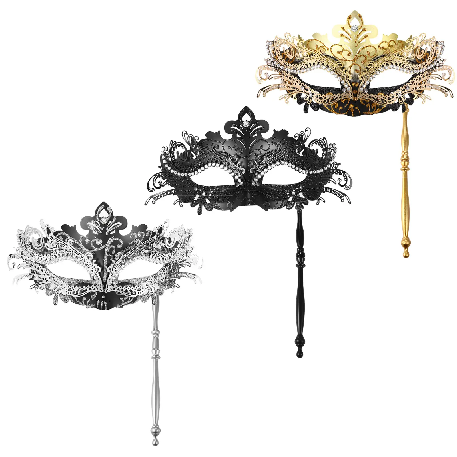 Women's Venetian Masquerade Mask with Holding Stick - Plastic Metallic Fashion Accessory for Halloween, Christmas, Accessories, Universal-Fit, Rhinestone Trim, Light, Wedding, Party