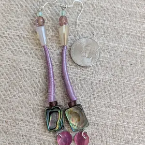 Native American Handcrafted Purple Iridescent Abalone & Dentalium Shell Earrings