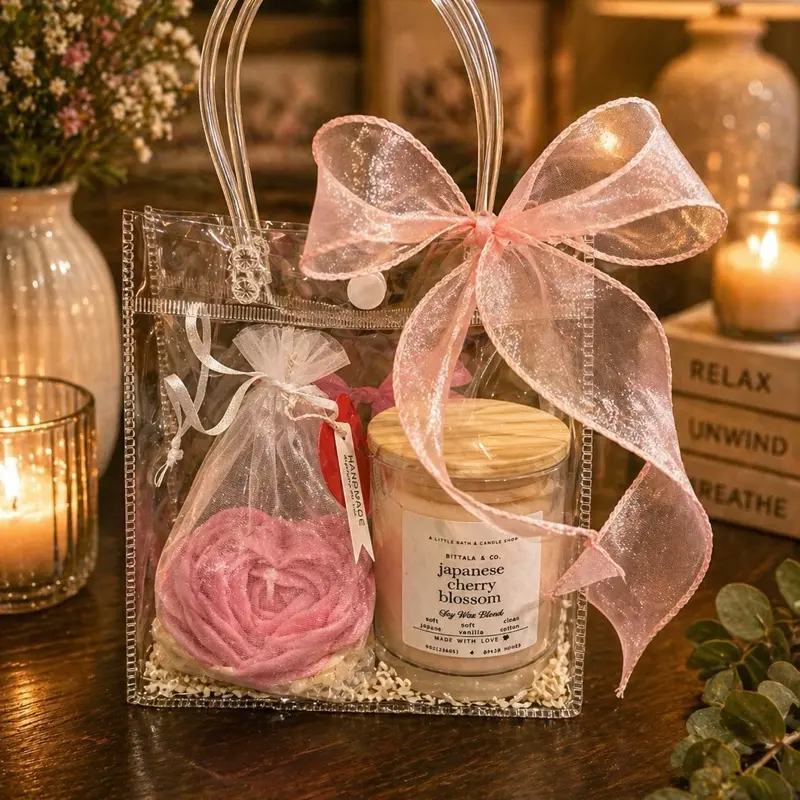 Japanese Cherry Blossom Soap & Candle Gift Set in Clear Tote with Pink Ribbon