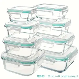 16 Piece Airtight Glass Food Storage Containers with Lids – 8 Containers and 8 Lids – BPA Free Leak Proof Meal Prep Set – Microwave Oven Freezer and Dishwasher Safe – Multi Size Glass Containers for Meal Prep Leftovers Salads Fruits Vegetables