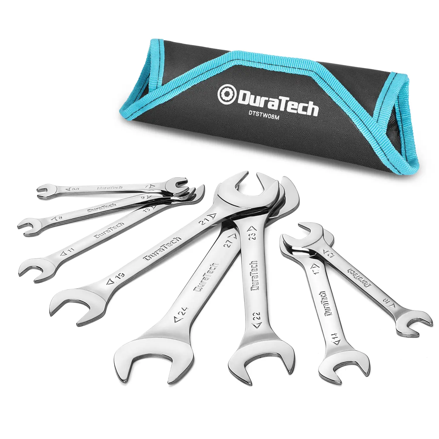 #backtoschool DURATECH Super-Thin Open End Wrench Set, Metric, 8-Piece, Including 5.5, 7, 8, 9, 10, 11, 12, 13, 14, 17, 19, 21, 22, 23, 24, 27 mm, Slim Spanner Set with Rolling Pouch