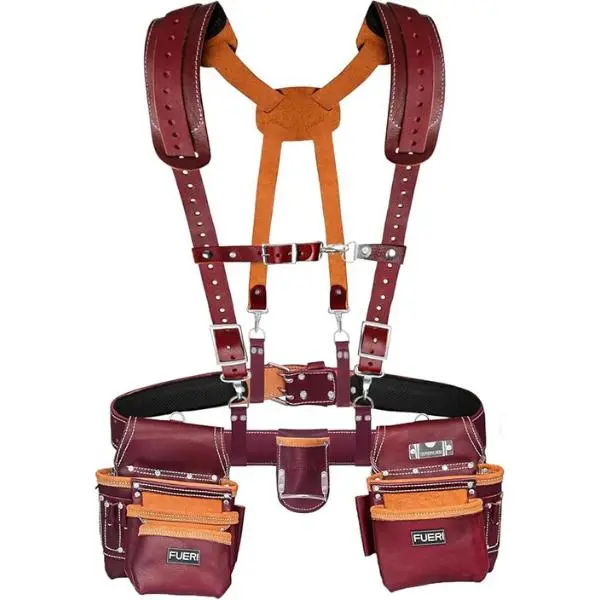 FUERI Leather Tool Belt with Suspenders (17 Pocket, Heavy Duty) – Adjustable Organizer Set for Men. Ideal for Carpenters, Construction Workers, Electricians. Durable & Comfortable  bag . Buy Now! Tool Bag Roll Tool Pouch