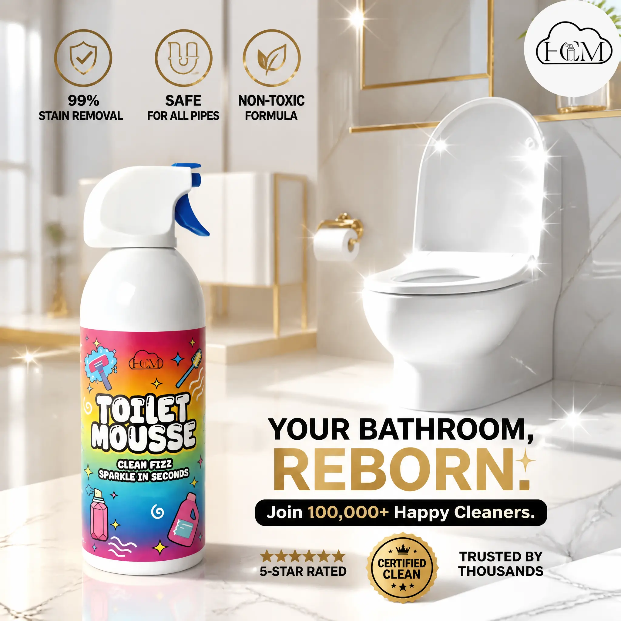HCM Household Peach Flavor Jet Foam Bathroom Cleaner, Home Cleaning Supplies, Powerful Multifunctional Cleaner for Deep Cleaning Toilet, Sink, Shower Floor Tile Stains (Mildew, Scale, Rust), Powerful Cleaner
