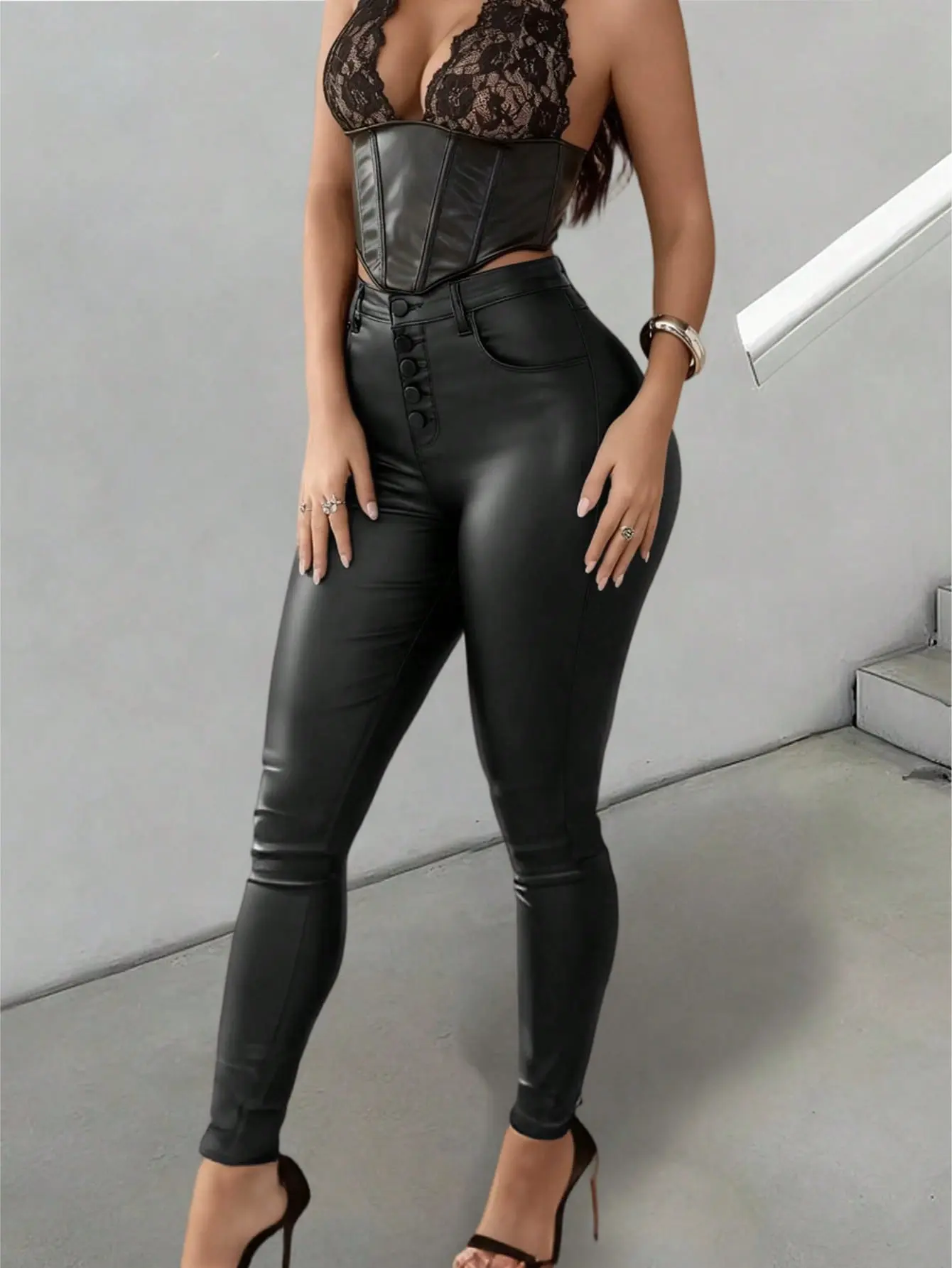 Apperloth Studio Women Sexy Single-breasted Fleece-lined Pants High Waist PU Leather Bodycon Pants Straight Legs Trousers