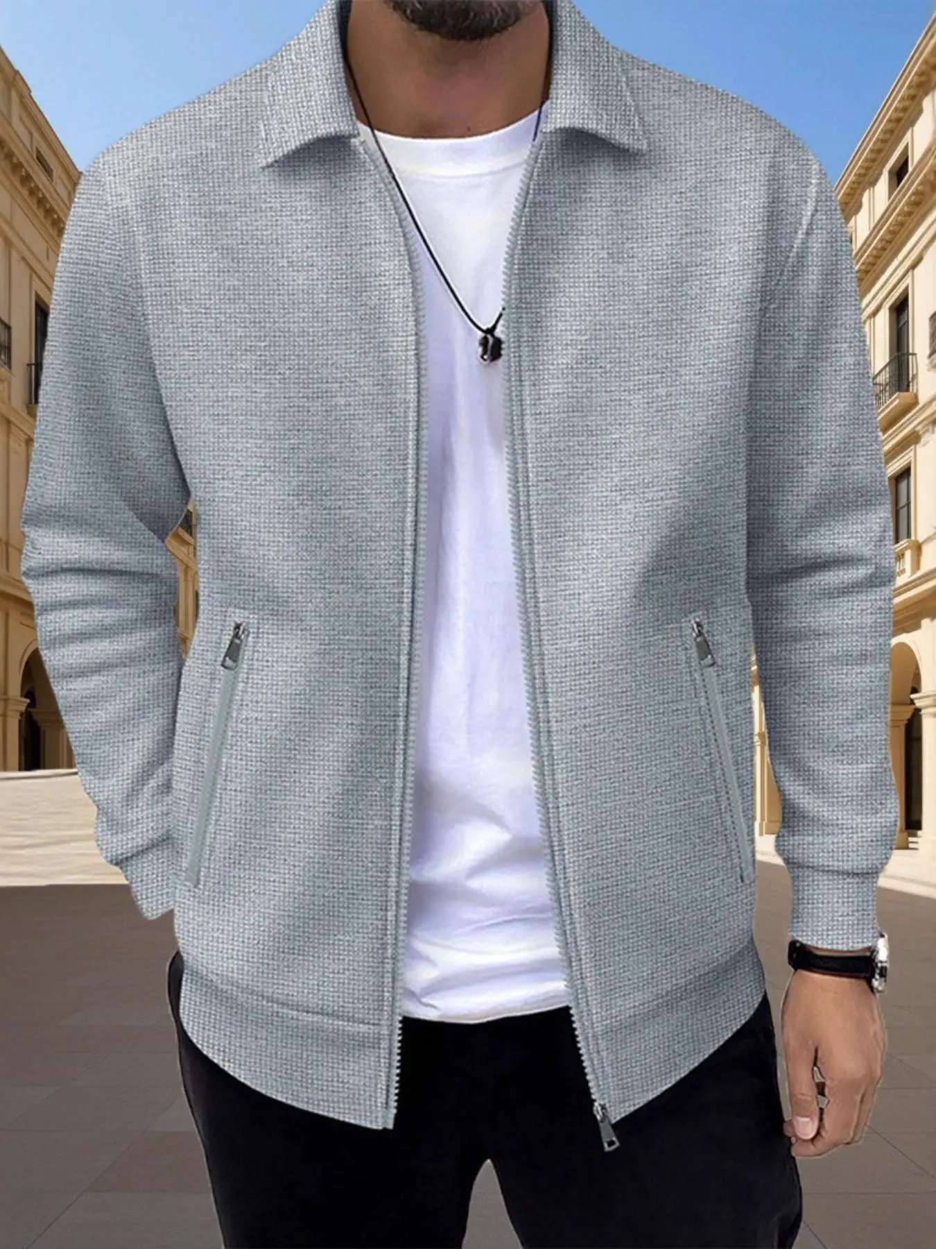 Men's Lapel Zipper Business Casual Jacket, Collared Zip Up Spring Fall Comfortable Herringbone Texture Coat, Practical Zip Pocket, Simple Fashion Daily Wear