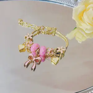 Pink Bow Princess Charm Bracelet  Cute Heart & Flower Beads,Birthday Gift