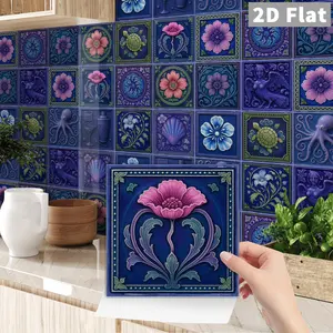24 Sheets Vintage Peel and Stick Flower Tile Stickers, Decorative Tiles Stickers, DIY Self-Adhesive Waterproof and Oil-Proof for Kitchen and Bathroom, Three Sizes Available 10x10cm 15x15cm 20x20cm