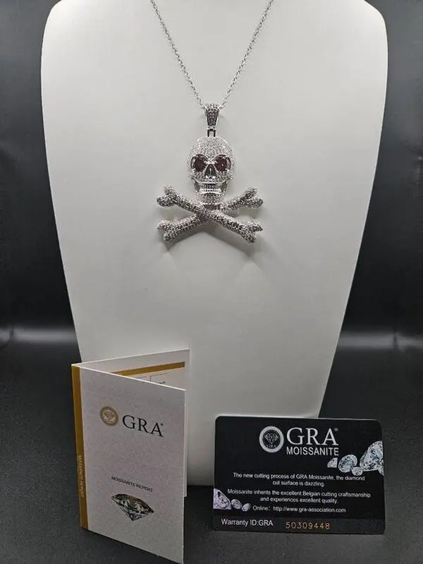 Iced Out Unisex Fit Moissanite & Garnet Eye Skull Crossbones Necklace, 7.5ctw Silver Tone, 18" Skull Bones Pendant Necklace