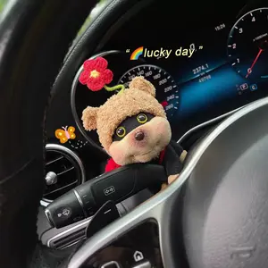 Cute Crochet Puppy with Red Flower Plush Turn Signal Lever Cover - Soft Girly Car Interior Decor