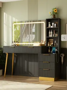 Makeup Vanity Desk with Lights & Power Outlet Big Modern Fluted Vanity Desk with 30" HD Lighted Mirror 5 Drawers and Storage Shelf , Dressing Table for Women Girls , Black