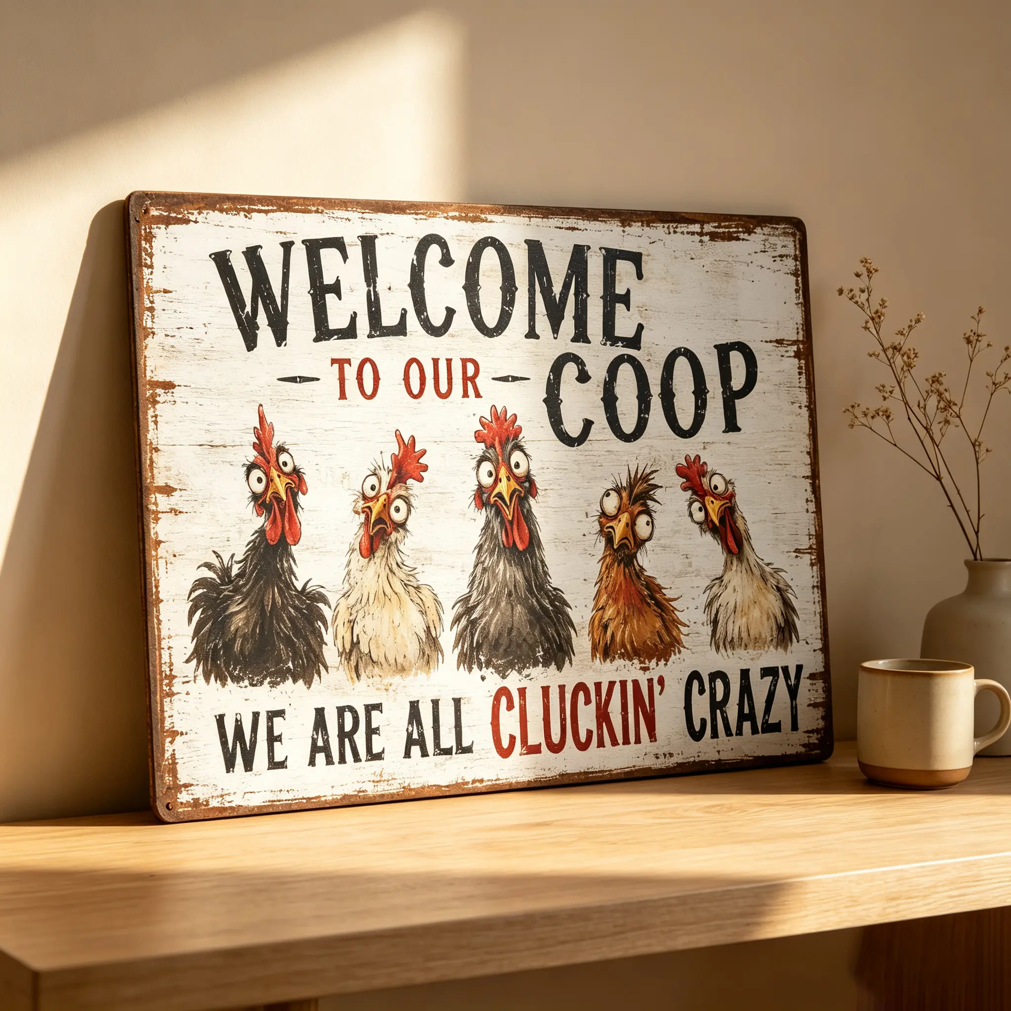 Vintage Metal Tin Sign - Funny Rooster Welcome to Our Coop Plaque, Retro Chicken Wall Art Decor for Outdoor Garden, Kitchen, 8x12 in Home Decor Sign Summervibes lover cute chick quirky