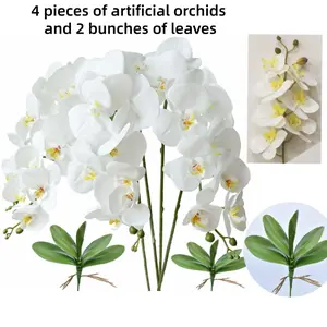 4 Pcs Artificial Phalaenopsis Flowers with 2 Bundles Leaves White Artificial Orchid Flowers Stem Plants for Home Decor Suitable for Thanksgiving and Christmas Decorative Bouquet