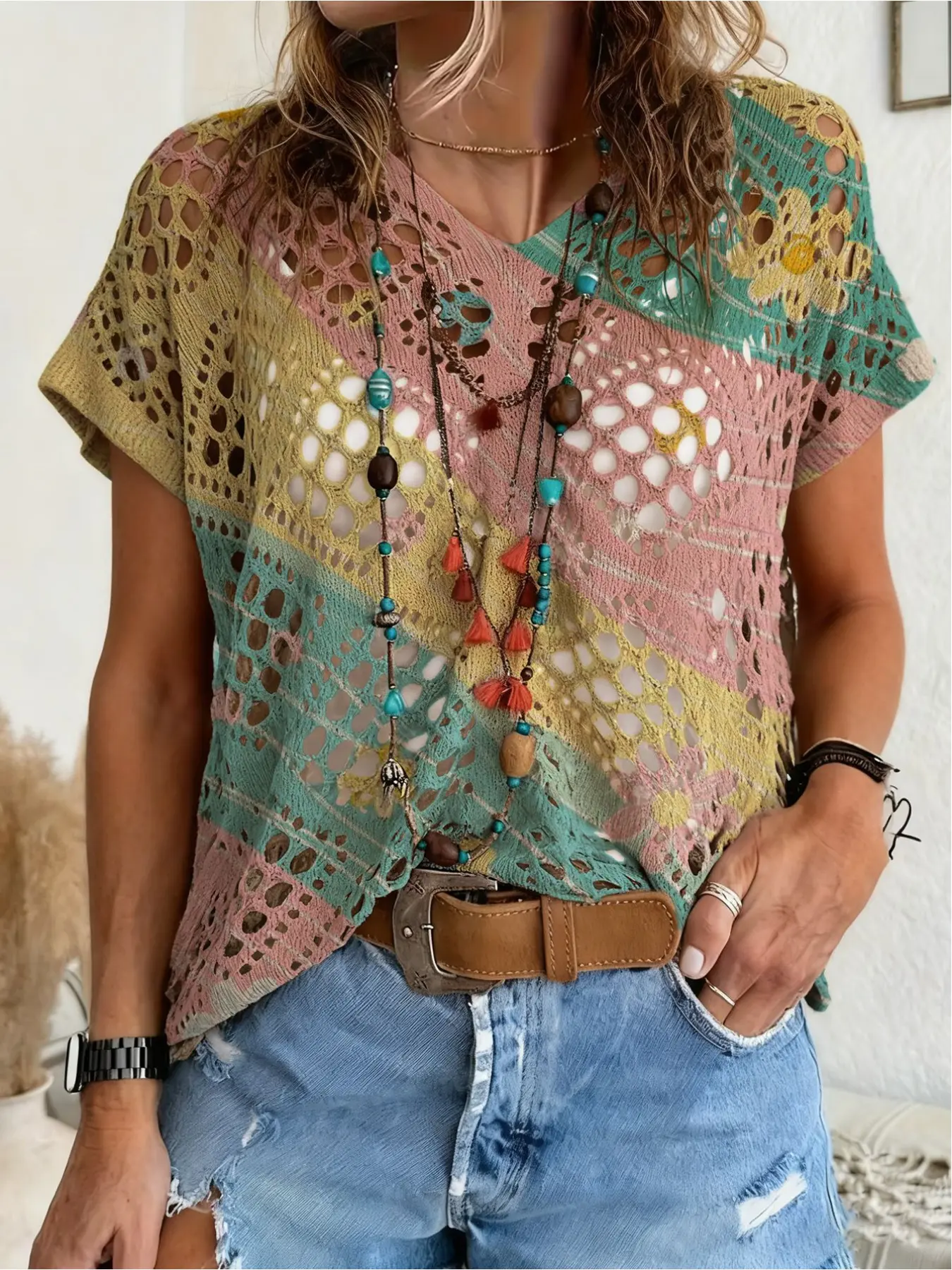 Spring/Summer style, V-neck diamond hollow-out batwing raglan short sleeve cover-up, rainbow floral print women's knitted top, vacation style, casual commute, bikini cover-up, Beach Coverups