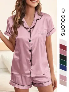 Two/Four/Six Counts Women's Satin Pyjama Lounge Co-ord Set, Lapel Collar Button Front Pocket Blouse & Contrast Binding Elastic Waist Pj Shorts Pajama Set, Lady Homewear for Summer, Back To School Wear Black Girl Wear Valentine's Day, gift