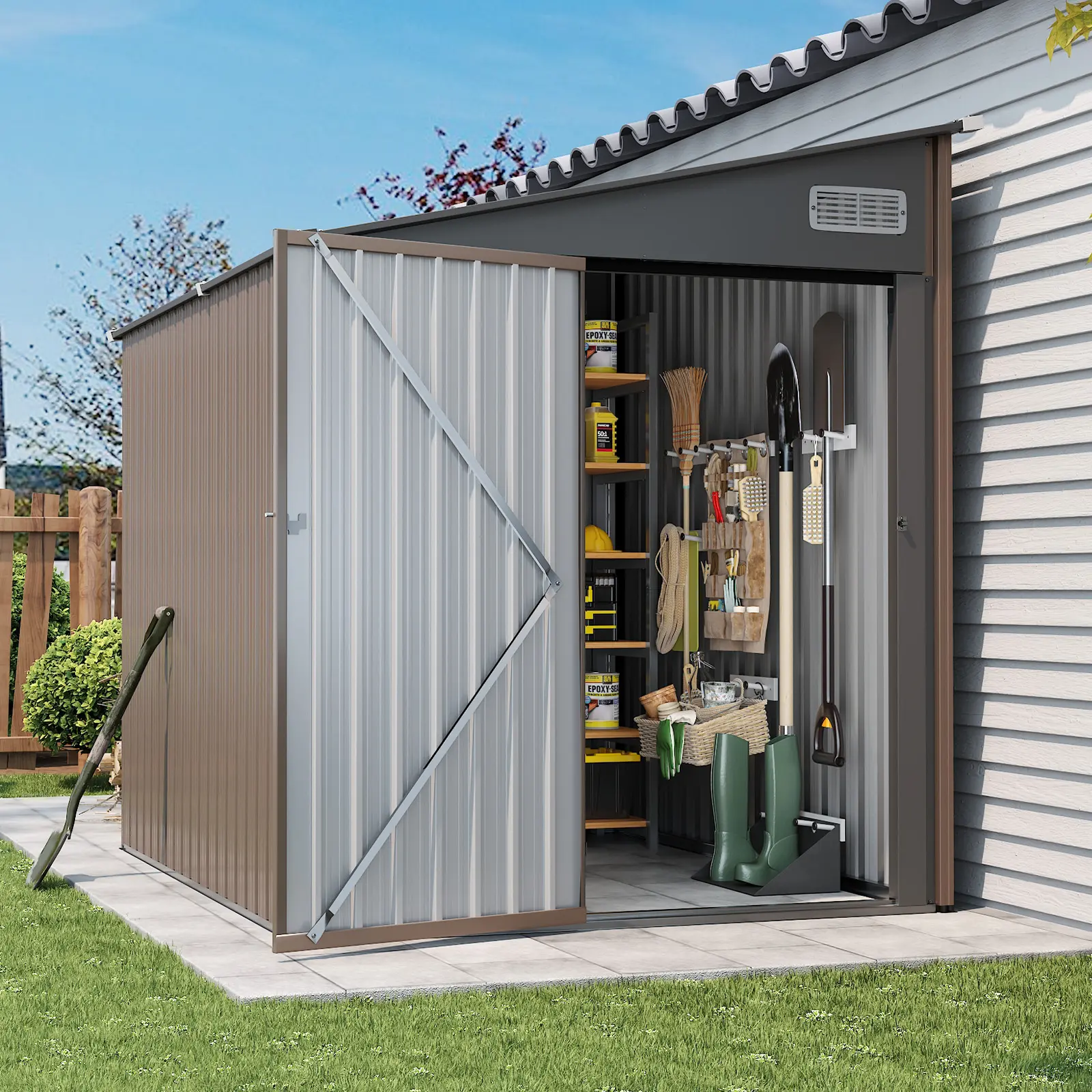 Aoxun Lean To Metal Storage Shed 6x4 /8x6 FT Brown, Sloped Roof Lockable Single Door with Vents, All Weather Galvanized Steel Outdoor Bike & Garden Tool Shed for Backyard Poolside Patio