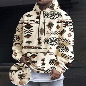 Men's Winter Warm Fleece Ethnic Long Sleeve Hoodie with Kangaroo Pocket, Loose Fit Casual Pullover Jacket for Spring & Autumn, Outdoor Street Style Versatile Activewear