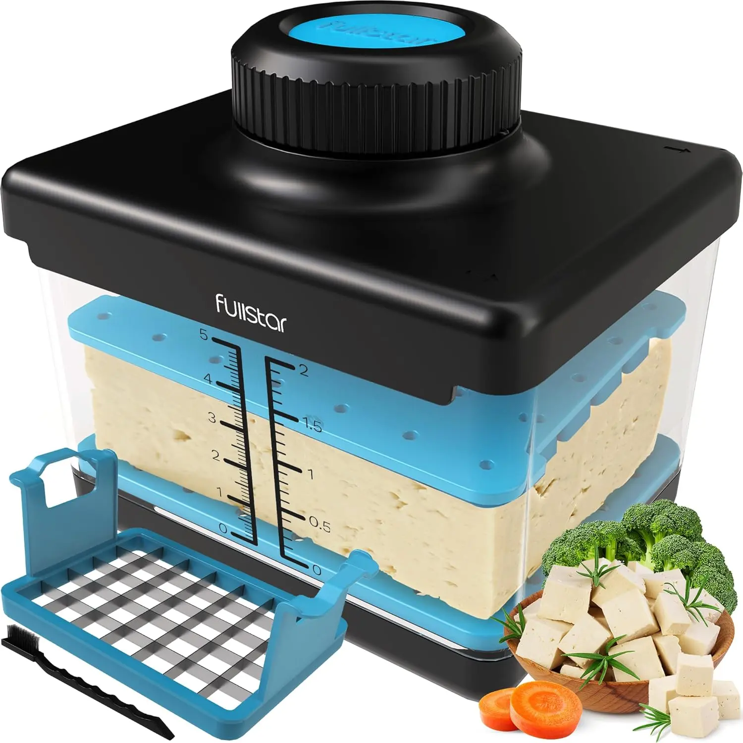 Fullstar Tofu Press, Tofu Press Dishwasher Safe, Tofu, Extra Firm Tofu, Tofu Extra Firm Organic, Tofu Press Box for Silken and Extra Firm Tofu, Tofu Press Dishwasher Safe Bpa Free, Firm Tofu, Tofu Presser Blue Kitchen Lid