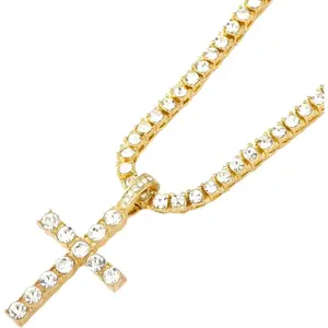 Iced Out Cross Pendant Necklace 4mm Tennis Chain with Full Rhinestone Bling Religious Hip Hop Jewelry for Men Women Unisex Bold Statement Piece