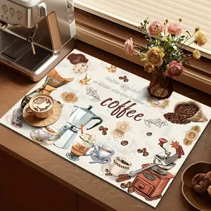 1pcs, Tableware drying pad, coffee machine pad, Coffee table mat, drying pad with watercolor retro coffee machine and cup design, polyester fiber - durable, highly absorbent, easy to clean drying pad, desktop decorative pad