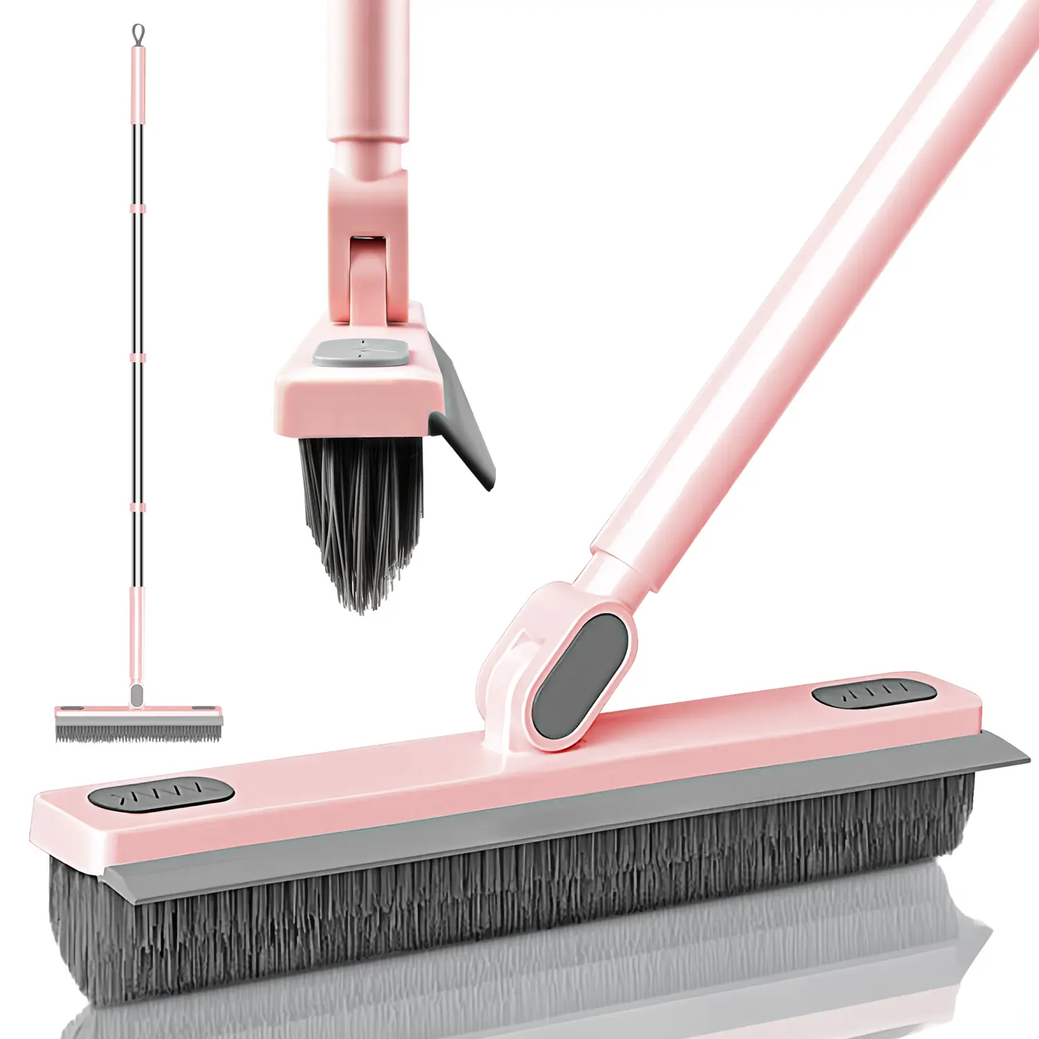 KZKR Pink Floor Scrub Brush Broom, Household Cleaning Tool with Adjustable Long Handle, 360° Swivel Head, V-Shaped Grout Line Scrubber for Tile Grout Lines, Shower Corners Home Care Supplies