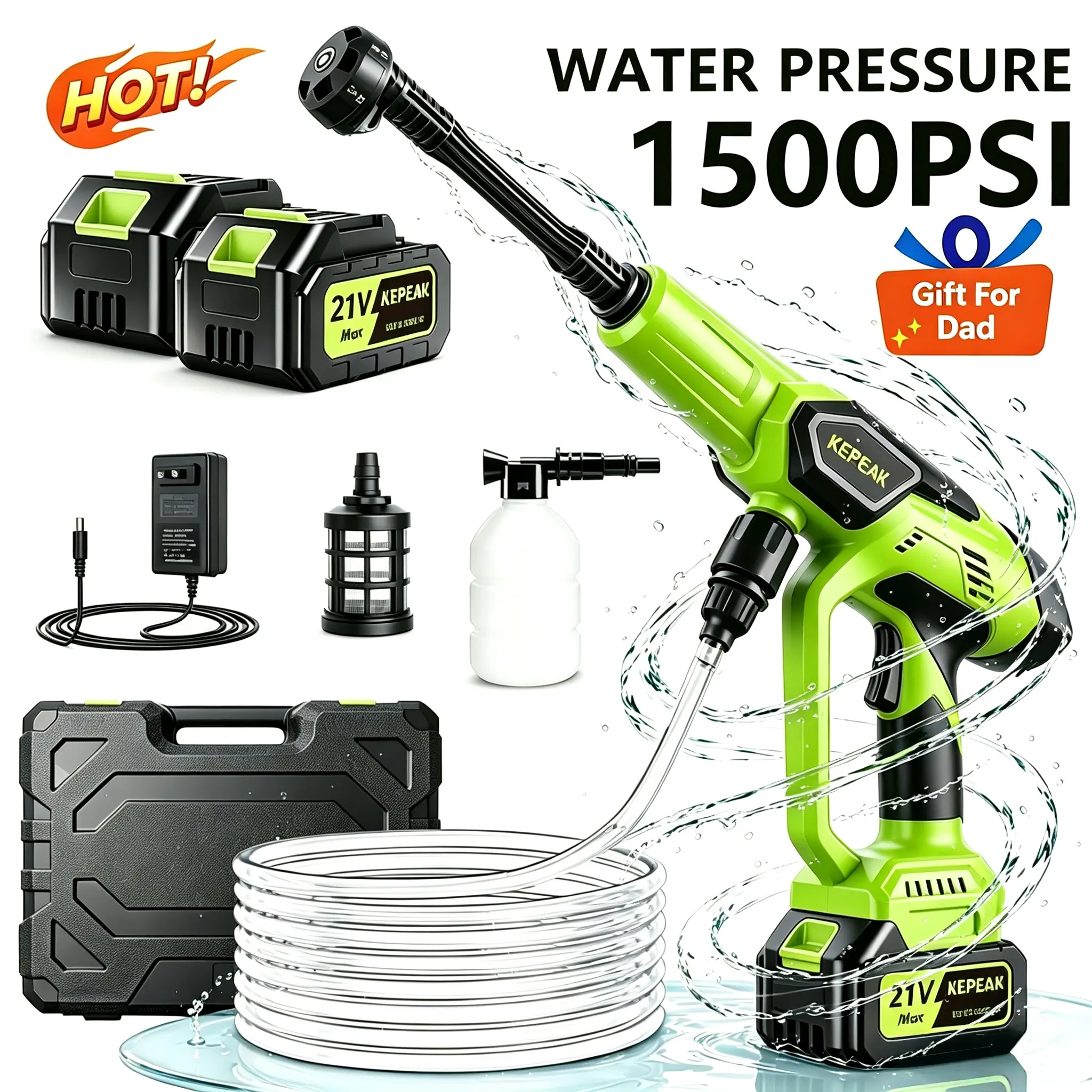 【DealsForYou】KEPEAK Summer Essentials 1500PSI 21V 200W Cordless Bottle Portable Washer for Car, 13000mAh Dual Batteries 6-in-1 Adjustable Nozzle & Foam Bottle for Car Detailing Home Garden Patio Outdoor Cleaning